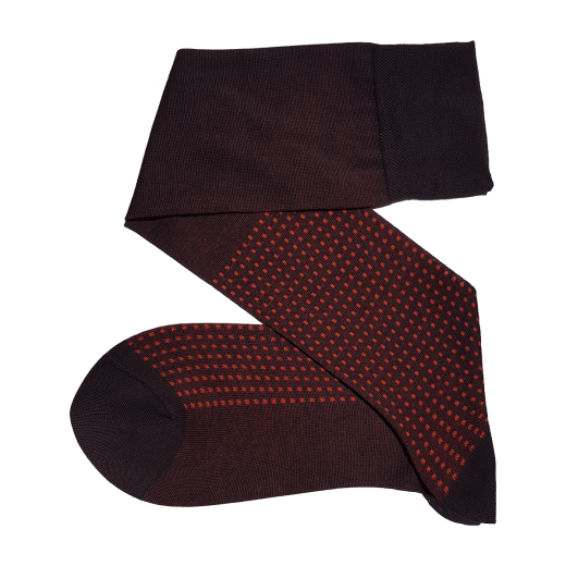 eleganckie bawełniane podkolanówki męskie viccel knee socks dark brown orange square dots