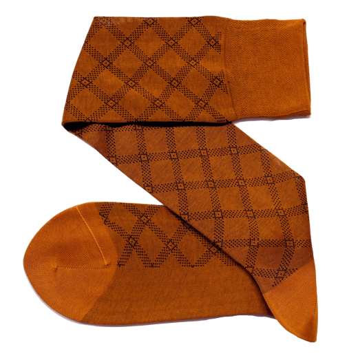 Eleganckie podkolanówki, garniturowe skarpety męskie Viccel tartan mustardowobrązowe.  Eleganckie podkolanówki, garniturowe skarpety męskie Viccel tartan mustardowobrązowe.