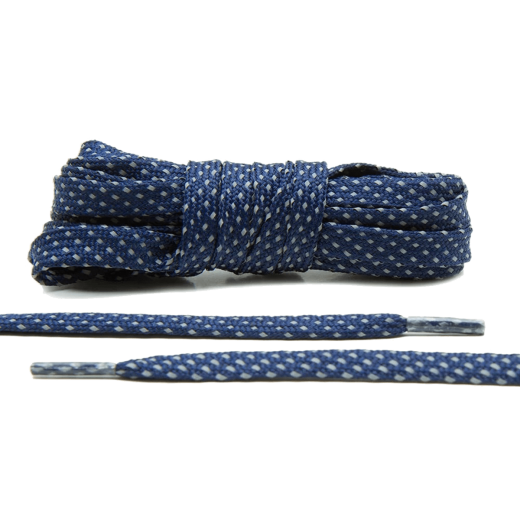 Granatowe płaskie sznurowadła odblaskowe do butów LACE LAB Reflective FLAT 2.0 Laces Navy Blue, personalizacja obuwia, custom, customizacja adidasów