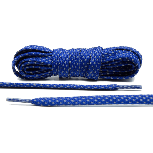 Niebieskie odblaskowe płaskie sznurowadła do sneakersów. Sznurowadła do nike air max, jordanów. Sznurówki do butów do biegania, sznury, lace, laces. Custom, customizacja. Rzemyki, rzemienie. Sznurófki. Sznuruwki. Niebieskie odblaskowe sznurówki Lacelab. Odblaskowe niebieskie sznurowadła Lace lab.