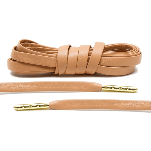 Jasnobrązowe skórzane sznurowadła ekskluzywne z metalowymi agletami Lace Lab. Sznurówki do customizacji sneakersów - nike, adidas.