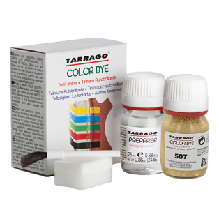 TARRAGO Color Dye Metallic Kit 25ml+25ml (Paint, Preparer, Brush, Sponge) - Metaliczne Farby akrylowe do skór i butów + cleaner, pędzelek, gąbka