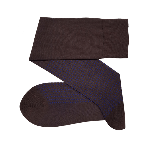 brązowe luksusowe podkolanówki męskie bawełniane w kropki niebieskie Viccel knee socks brown Royal blue Square dots