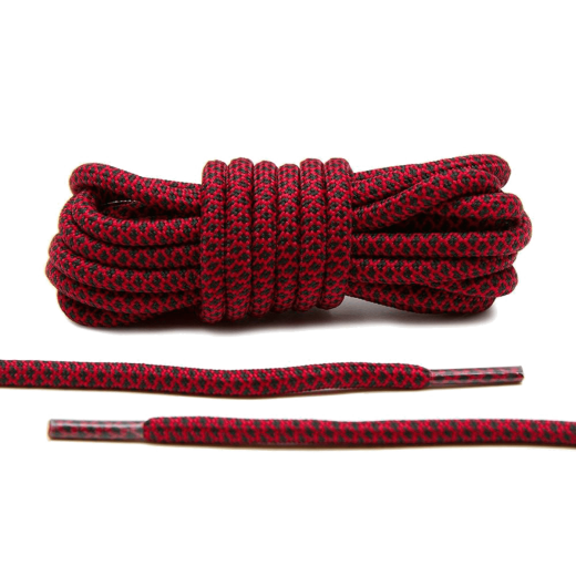 Czarno czerwone okrągłe sznurowadła stworzone  do popularnych modeli Adidas Yeezy 350 Boost czy Adidas NMD