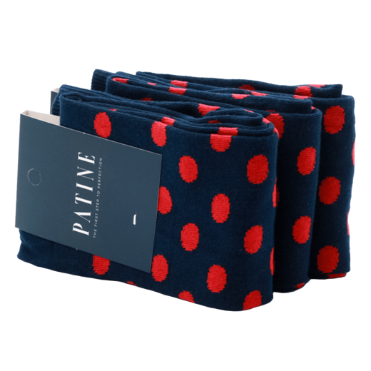 Casualowe męskie skarpety granatowe w czerwone grochy. Skarpety do trampek i butów eleganckich.