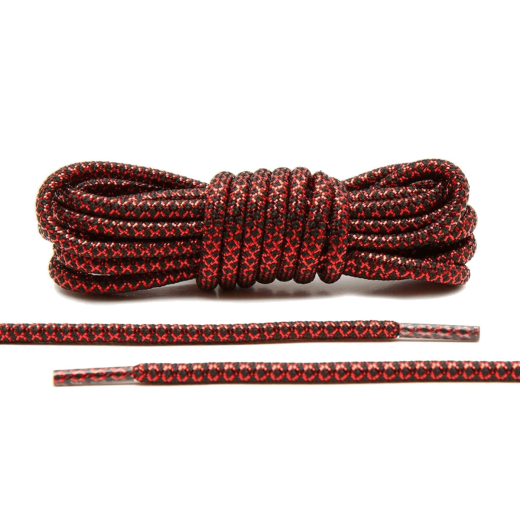 Metaliczne czerwono czarne okrągłe sznurowadła stworzone  do popularnych modeli Adidas Yeezy 350 Boost czy Adidas NMD