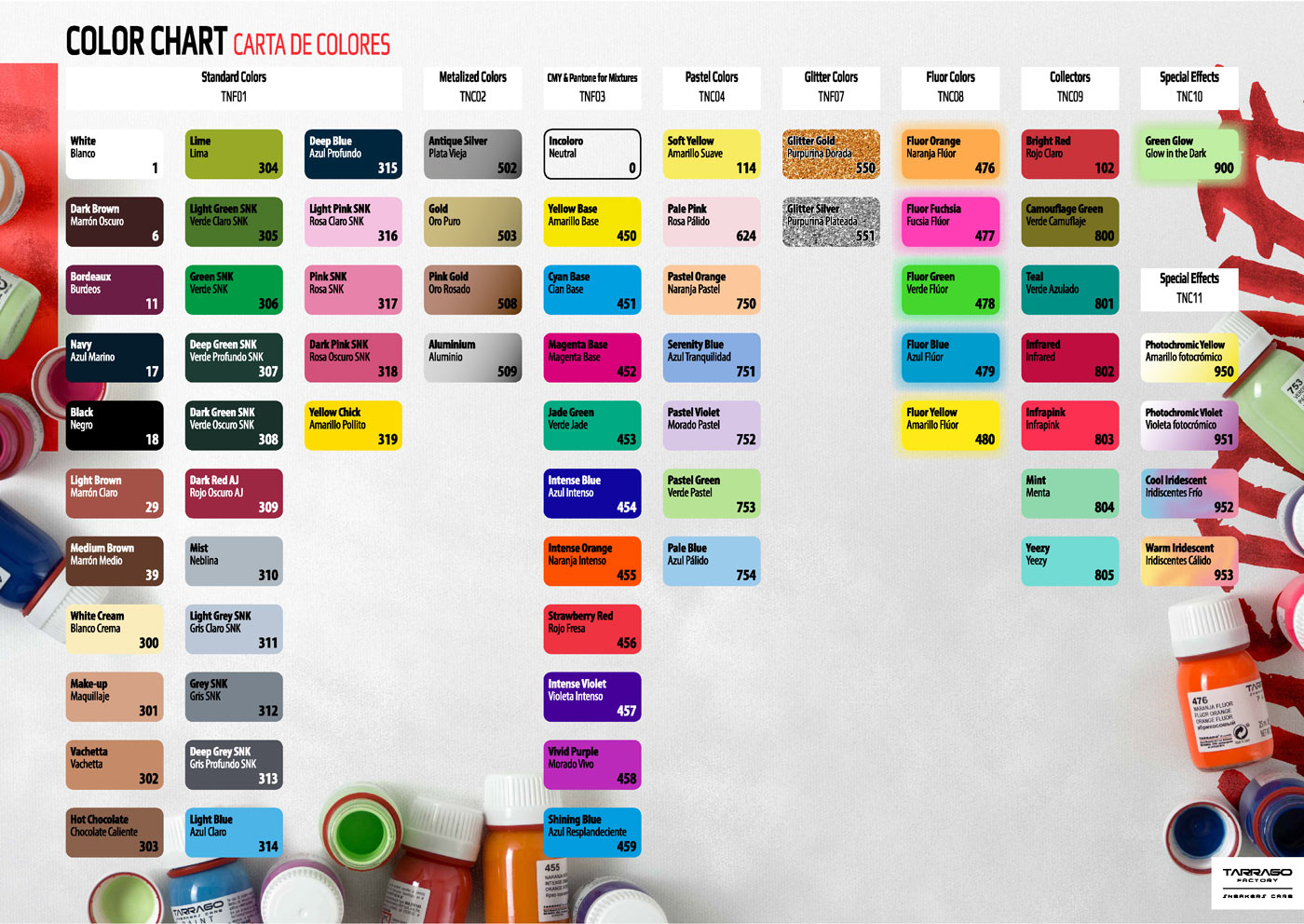 Karta kolorów dla farb akrylowych Tarrago Sneakers Paint - farby metaliczne do customizacji butów i ubrań - złota, srebrna, aluminium.