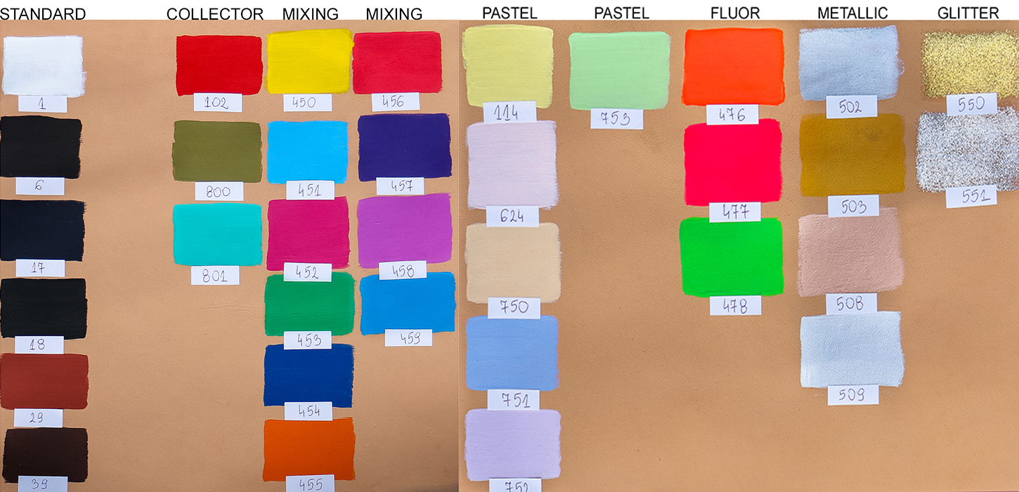 Próbnik kolorów farb Tarrago Sneakers Paint (2 warstwy farby na naturalnym kolorze skóry)