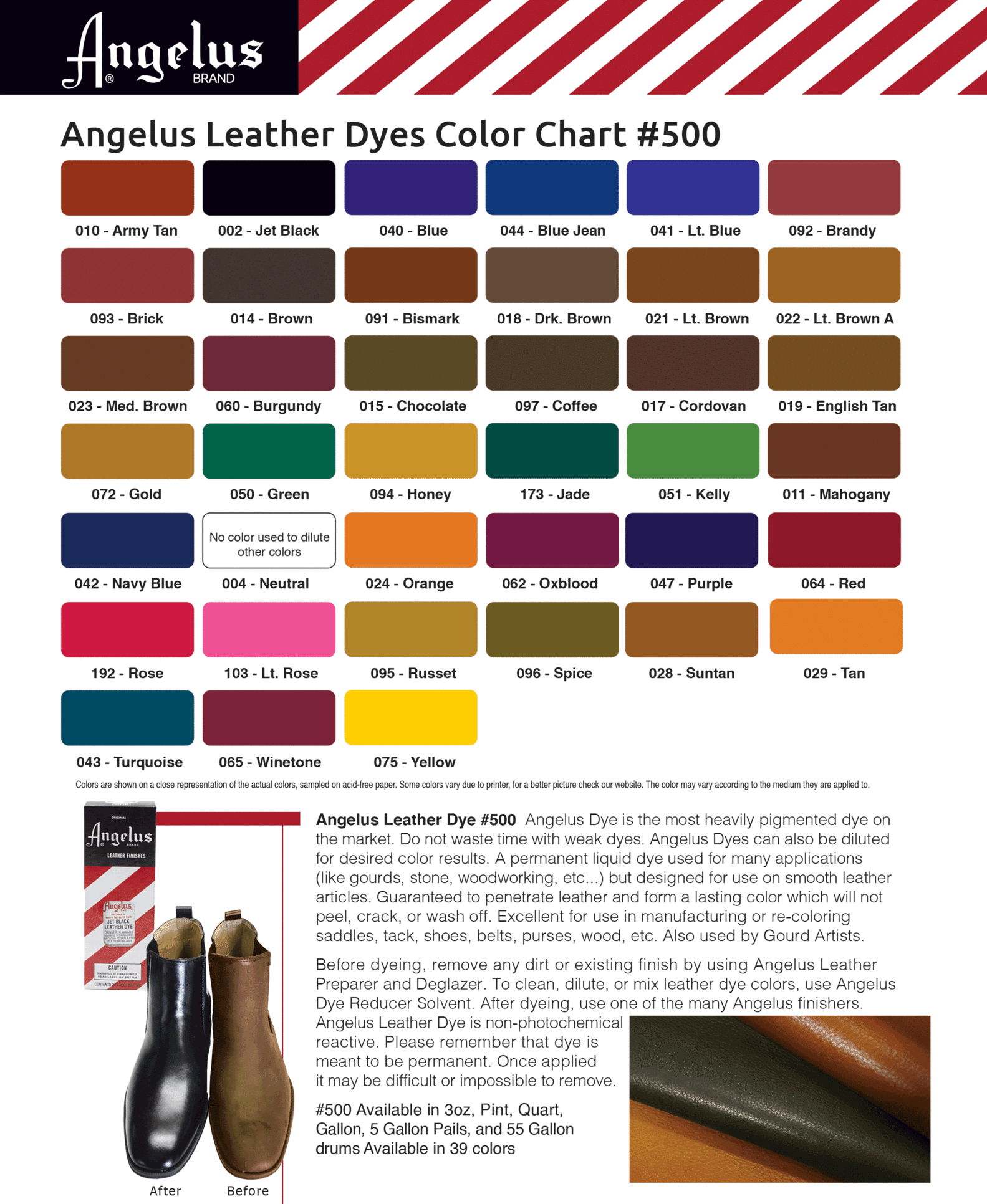 Angelus Leather Dye - karta kolorów